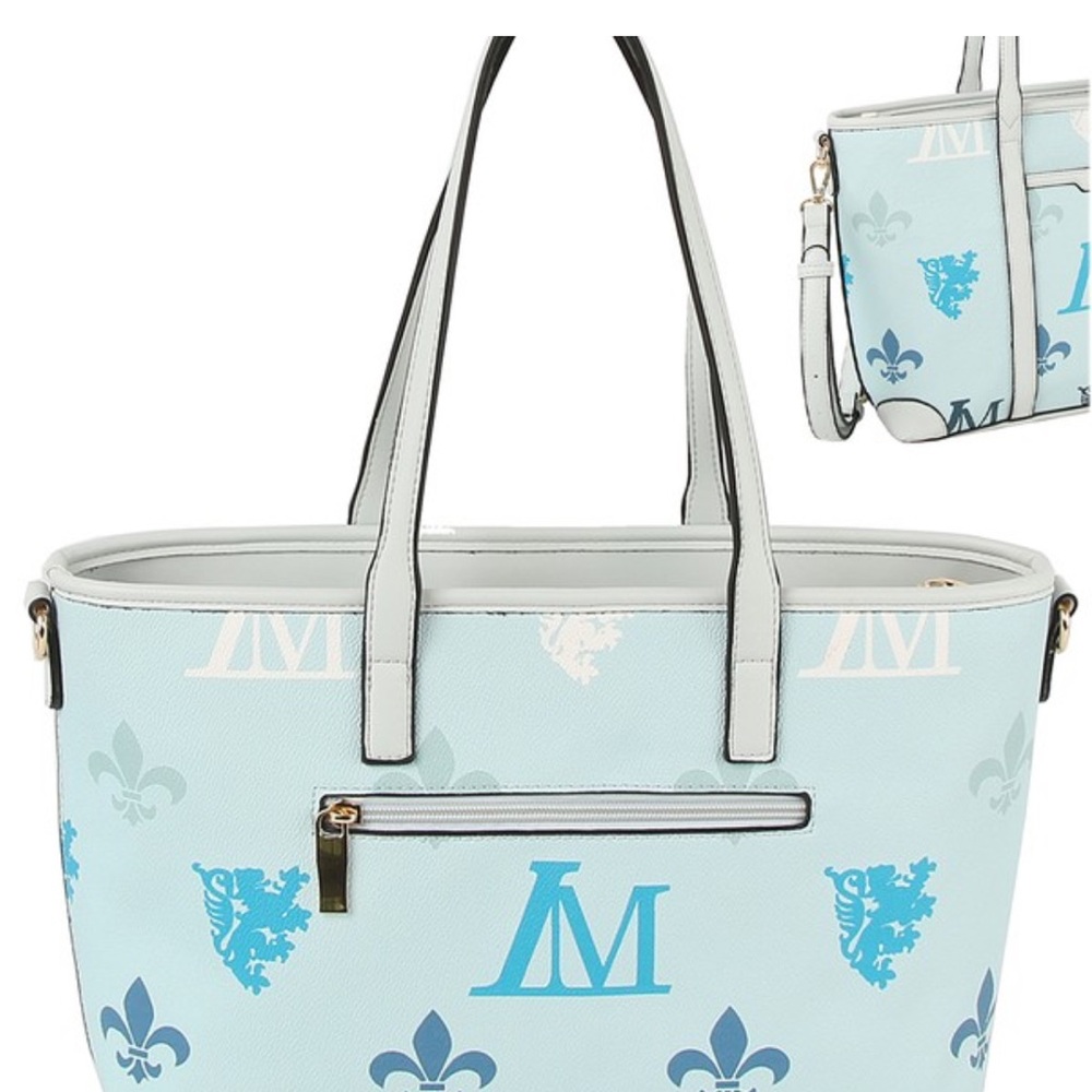 NWT! 2pc Set Stylish Light Blue Monogram Tote Bag with Matching Wallet - Picture 2 of 4